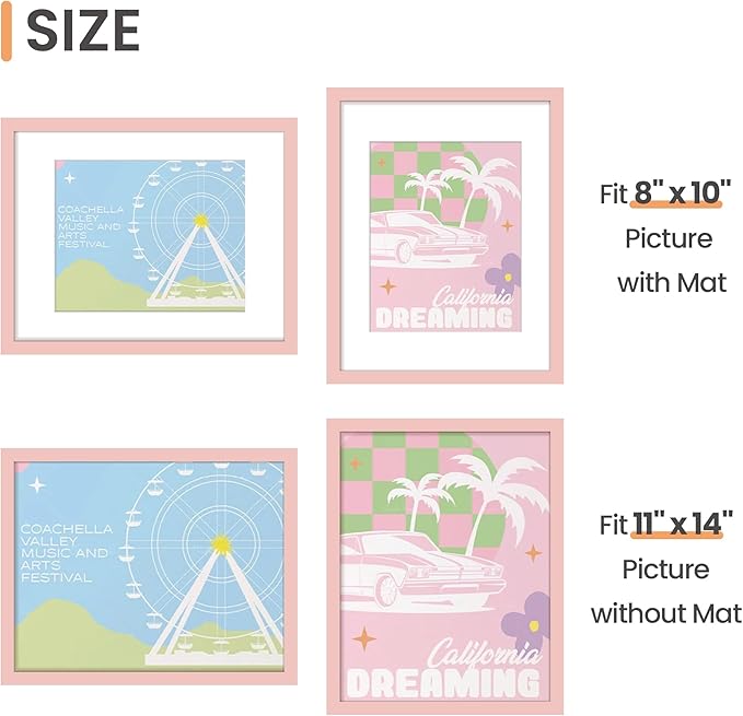 upsimples 11x14 Picture Frame, Display Pictures 8x10 with Mat or 11 x 14 Without, Wall Hanging Photo Frames, Pink, 1 Pack