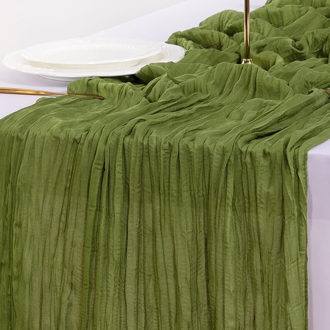 Socomi 6pcs Campsite Green Easter Spring Cheesecloth Table Runner Boho Rustic Gauze 120 inch 10FT Cheese Cloth Runner for Wedding Party Baby Shower Birthday Home Decor Holiday Decorations