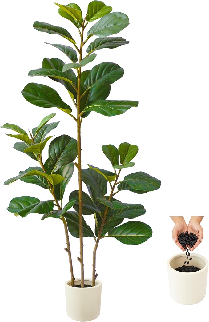 Warmplants Artificial Fiddle Leaf Fig Tree, 5ft Tall Fake Ficus Lyrata Tree with White Planter, Faux Fig Plant for Indoor Home Office Living Room Décor