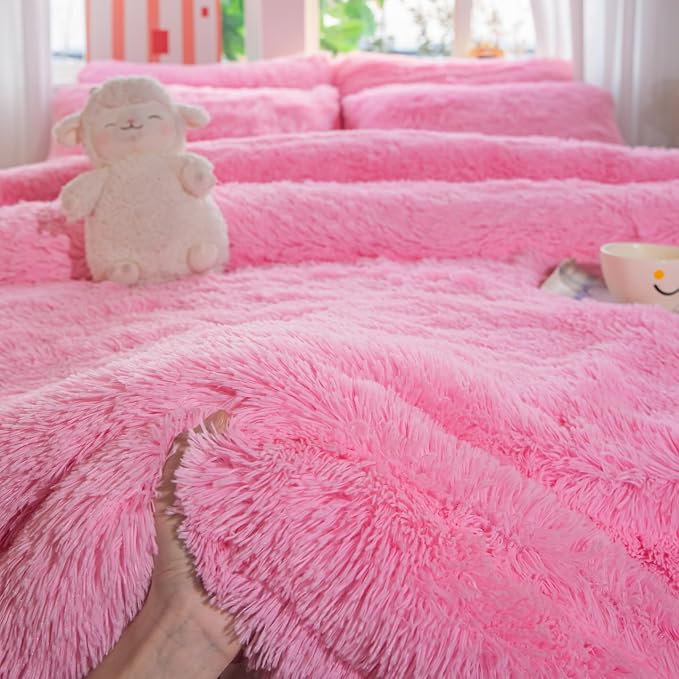 chovy Faux Fur Plush Pink Comforter Sets King - Ultra Soft Shaggy Flannel Velvet Fluffy Fuzzy 3PC Bedding Set （Comforter x 1 Pillowcases x 2）