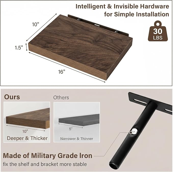 Acovy 10" Extra Deep Floating Shelves for Wall, 16" Long Wood Wall Shelves Set of 2 for Bathroom Bedroom Kitchen Living Room Laundry Room, Modern Floating Shelf for Home Decor