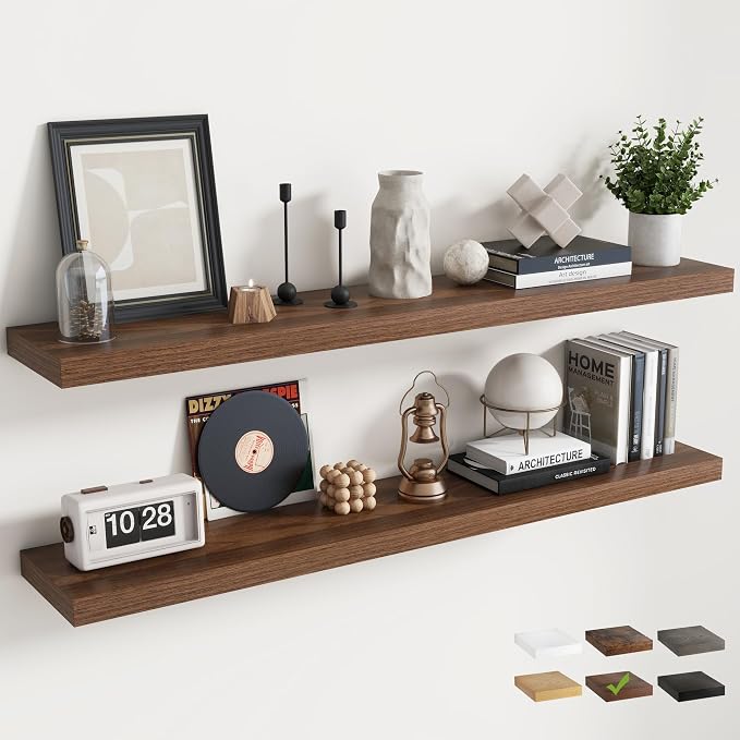 55 Inch Floating Shelves for Wall Set of 2, 8"D Wood Grain Bathroom Shelves with Invisible Brackets, Easy Install Engineered Wood Storage Shelves for Kitchen, Living Room, Bedroom, Walnut Finish