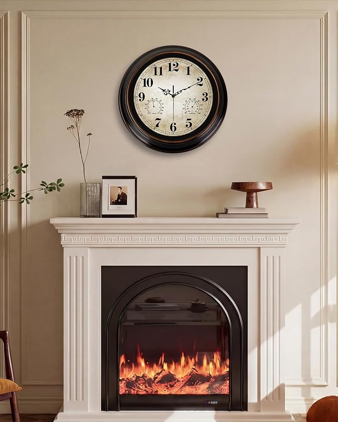 Vintage Wall Clock 16 Inch Quartz Silent Non-Ticking Analog Clock with Thermometer and Hygrometer, Battery Operated Rustic Round Decorative Clock for Living Room Kitchen Home Office