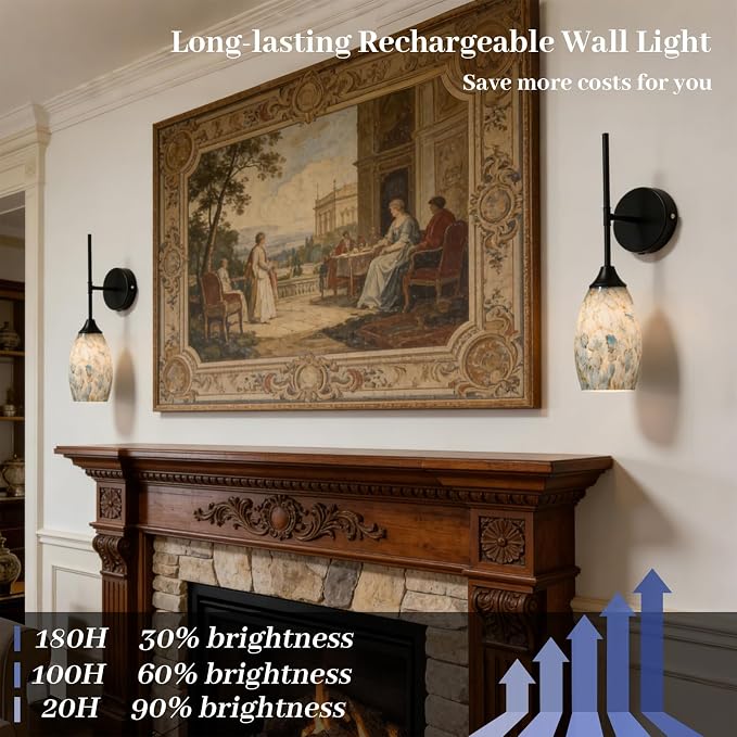 Wireless Battery Operated Wall Sconce Set Of 2，Rechargeable Wall Lights with Remote Control, Dimmable 3000K–6000K, Wireless Wall Sconces With Industrial Hand-Blown Art Glass for Bedroom Living Room