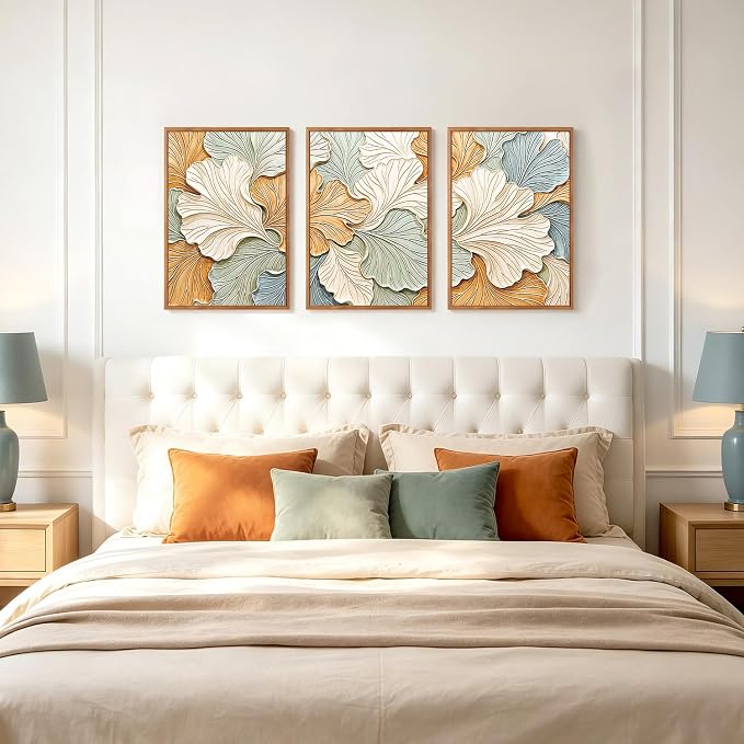 CHDITB 3D Impasto Textured Ginkgo Leaf Relief Framed Canvas Wall Art Set, Neutral Earth Tone Pastel Minimalist Wall Decor, Modern Art Prints for Living Room Hallway Bedroom Home Decor 16"x24"x3