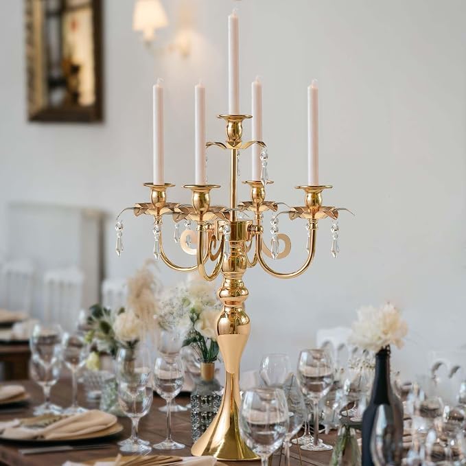 20.3'' Tall 5 Arm Candelabra Centerpiece for Table, Metal Elegant Candle Holder, Retro Candlestick Table Centerpieces for Party, Events, Home, Wedding Decor (4, Gold)