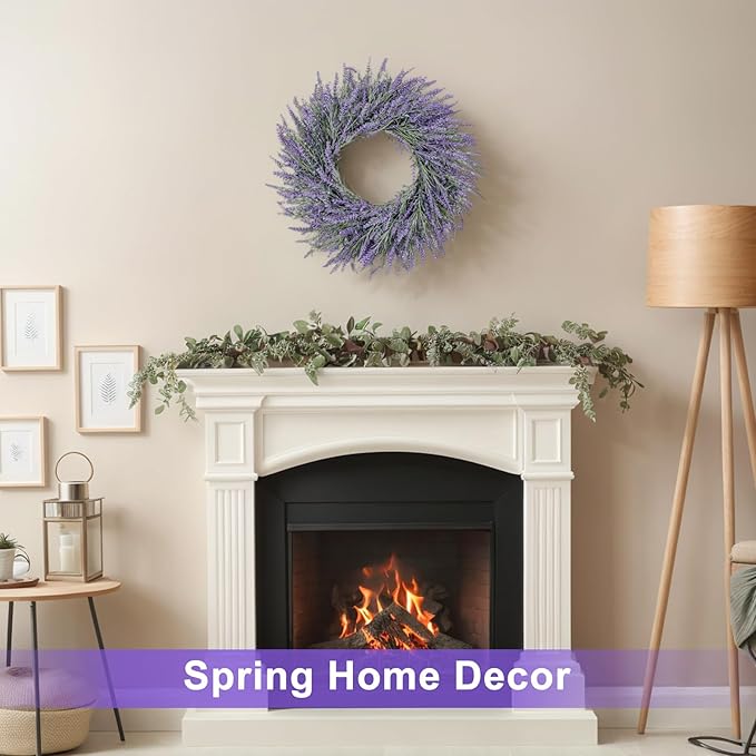 LZNPA 20 Inch Summer Spring Wreaths for Front Door Romance Lavender Wreath, Elegant Artificial Front Door Wreath for All Season Spring Decorations for Home Wall Entryway Farmhouse Porch Room Decor