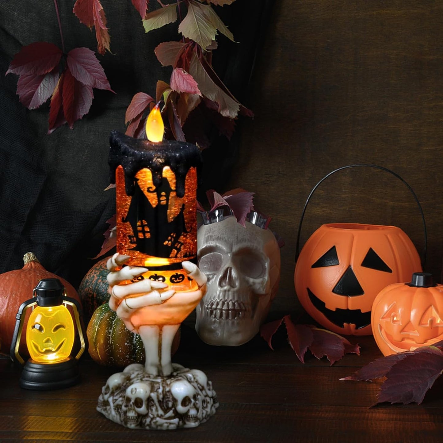 Eldnacele Halloween Snow Globe Candles Lighted Lamp USB Powered Battery Operated Spooky Spinning Water Glittering Tornado Flameless Candles Skeleton Hand Holder Halloween Centerpiece Decor(Castle)