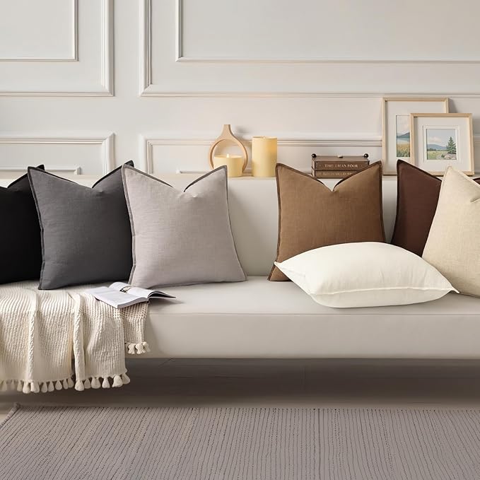 decorUhome Summer Decorative Linen Throw Pillow Covers 18x18 Inch Set of 2 Chocolate Pillow Covers with Flange Edges Soft Farmhouse Boho Accent Pillow Cases for Couch Bed Living Room