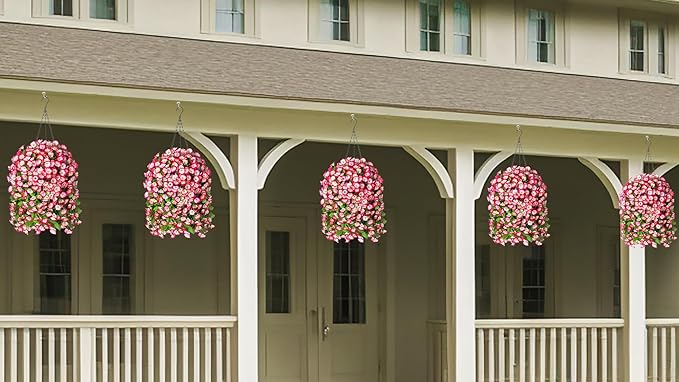 Ammyoo Artificial Faux Hanging Flowers Basket for Spring Summer Outdoor Porch Decor, Fake Silk Colorful Morning Glory Eucalyptus in Planter UV Resistant Look Real for Home Patio Balcony Yard(Pink)