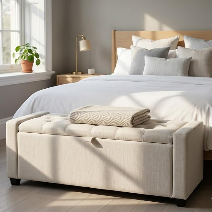 47" Beige Storage Ottoman, Multi-Functional Shoe Bench Seat for Living | Versatile design works as a coffee table or footstool; easy assembly, sturdy structure, and comfortable padded cushion.