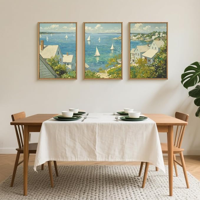 Large Coastal Sailboat Framed Canvas Wall Art Set,Summer Seascape Wall Decor,Nautical Blue Ocean Art Prints,Nature Beach Artwork for Living Room,Bedroom,Dining Room,Office-24 x36 x3