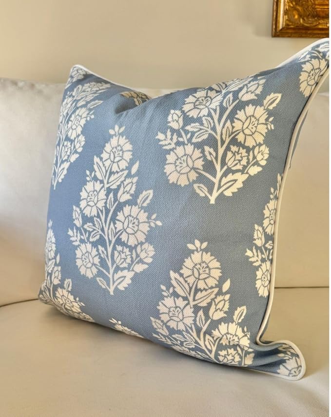 Jillien Harbor "The Hazel Bright Blue White Floral Pillow Cover Grandmillennial Home Decor Blockprint Pillow Cover 20" x 20"