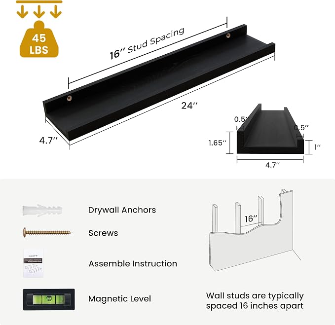 Acovy Solid Ash Wood Picture Ledge Shelf, 24 Inch, Black, Set of 2 | Floating Shelves with Lip, Wall Mounted, For Living Room Bedroom Nursery