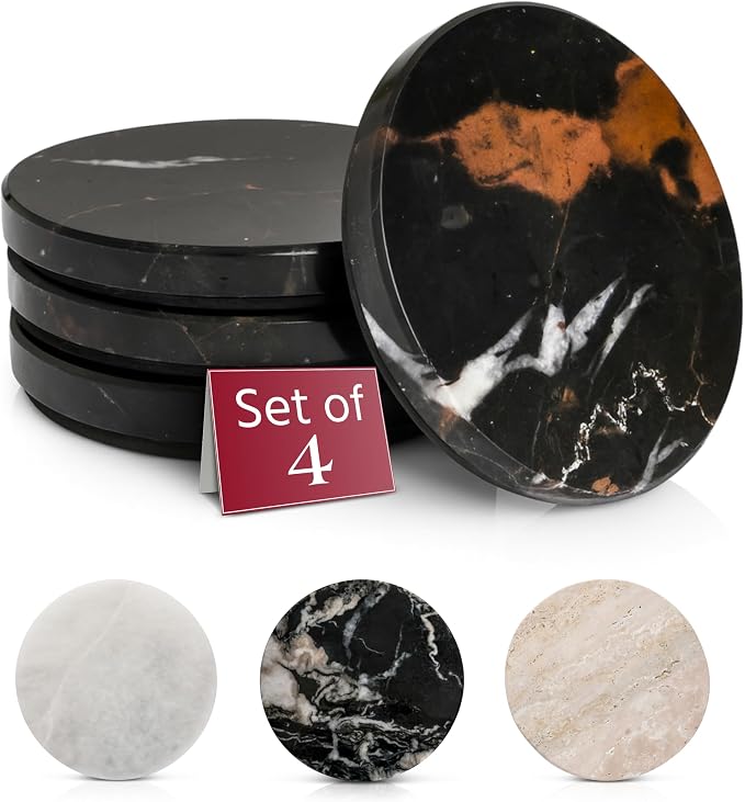 Gusto Nostro Black Marble Coasters Set of 4 - Luxury Natural Stone Coasters for Drinks - Genuine Marble Kitchen Accessories, Round Artisanal Stone Coaster for Kitchen Counter, Coffee Table, Home Decor