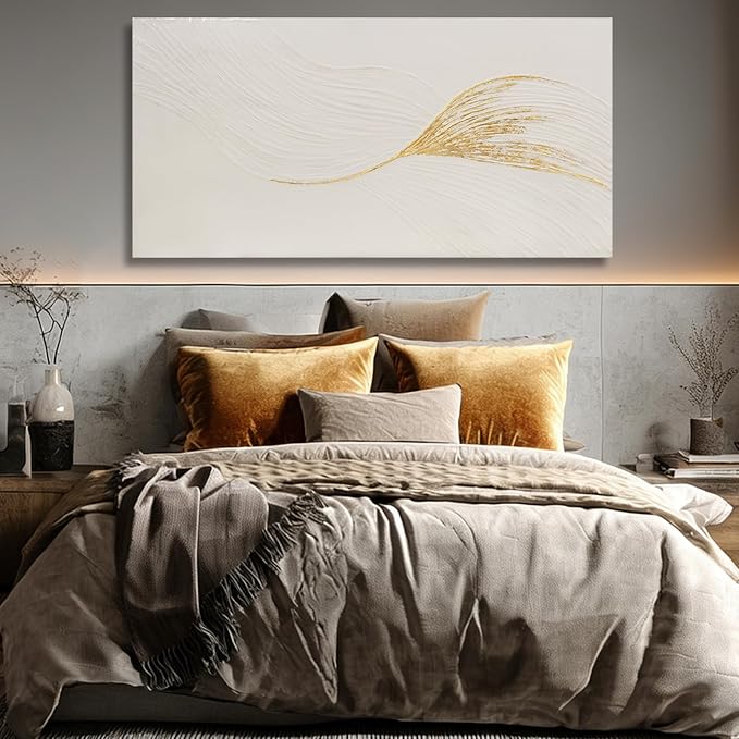 Dolidoteart Wall Art Hand Painted Oil Painting, Neutral White and Gold Textured Abstract Wall Art, Large 24x48 Inch Modern Living Room Wall Decor for Bedroom Dining Room Office Entryway