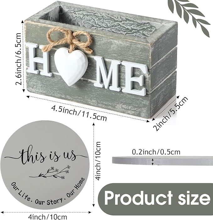 Queekay Coasters Set of 6 House Warming Gifts New Home Wooden Farmhouse Drink Coasters with Holder 4'' Funny Decoration for Kitchen Family Coffee Bar Tabletop Protection(Gray)
