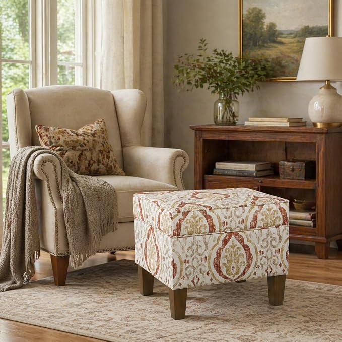 Spatial Order 22" Square Ottoman - Burnt Orange and Cream Medallion