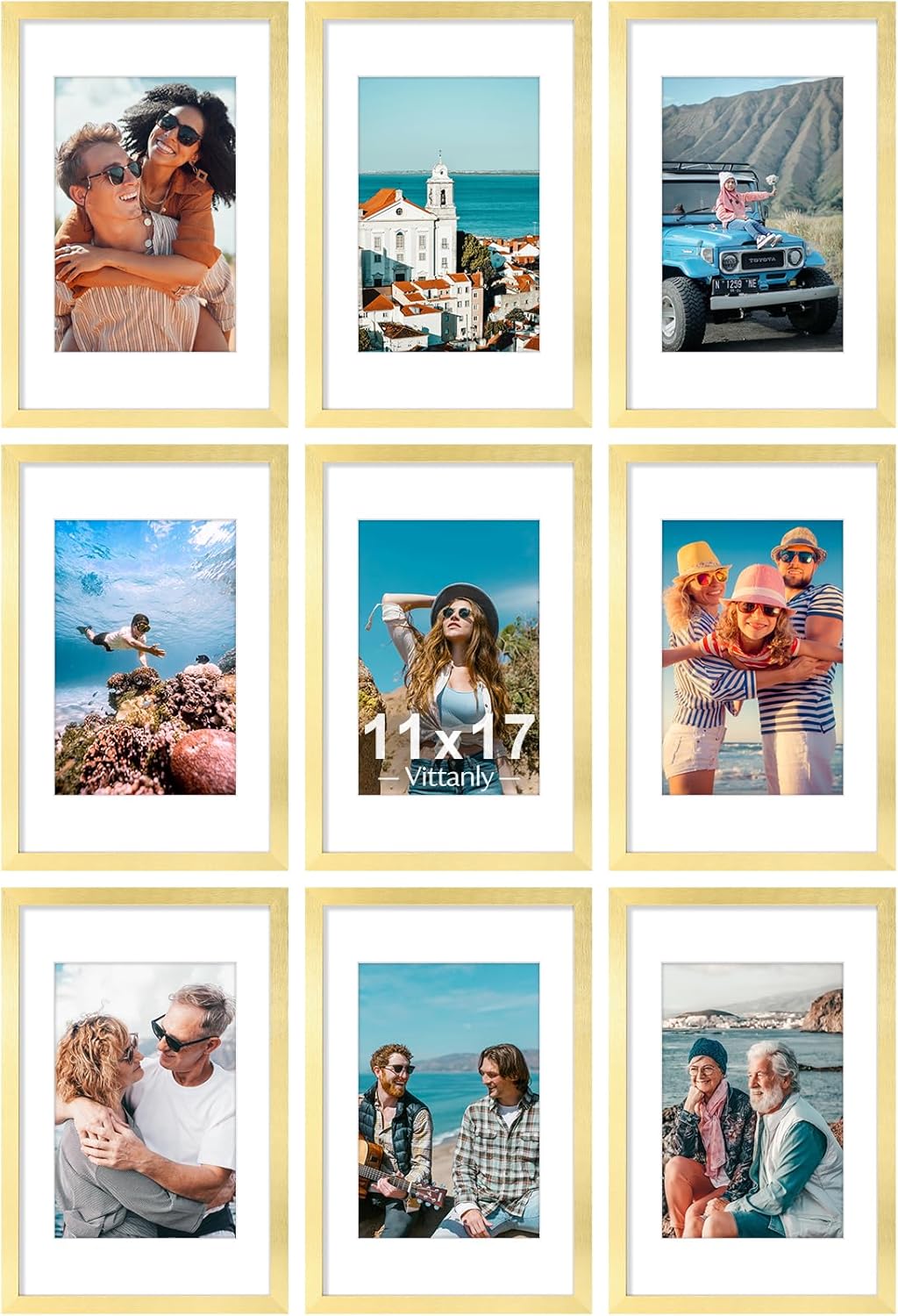 Vittanly 11x17 Picture Frames Set of 9, Shatter Resistant Plexiglass, Display 8x12 Pictures with Mat or 11x17 without Mat, Photo Frames for Wall Mount, Engineered Wood, Gold