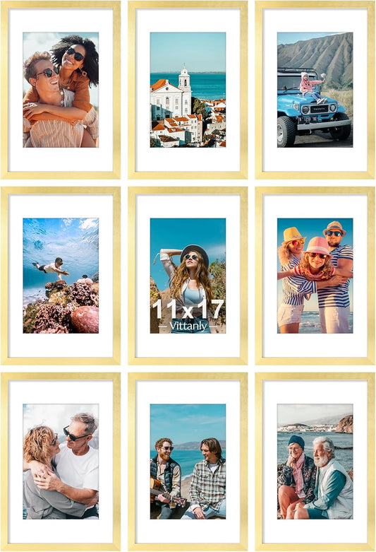 Vittanly 11x17 Picture Frames Set of 9, Shatter Resistant Plexiglass, Display 8x12 Pictures with Mat or 11x17 without Mat, Photo Frames for Wall Mount, Engineered Wood, Gold