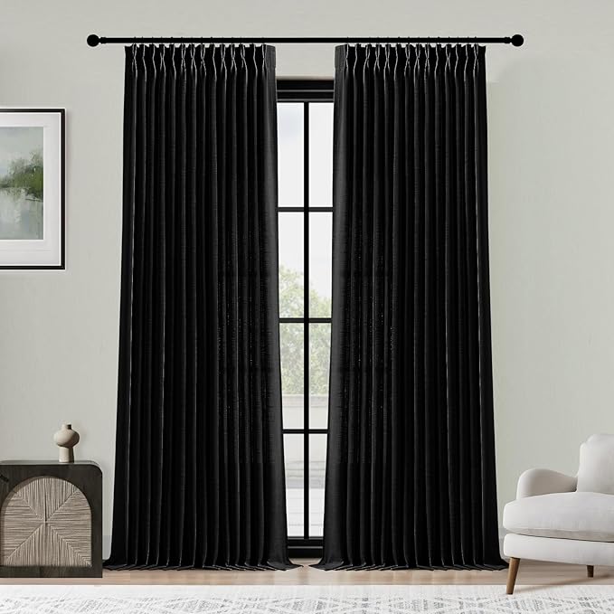 Black 90 Inch Curtains Pinch Pleated Linen Curtain for Living Room, Floor to Ceiling Light Filtering Pleat Drapes Textured Thick Semi-Sheer Curtains with Hooks for Bedroom Sturdy Room, 2 Panels