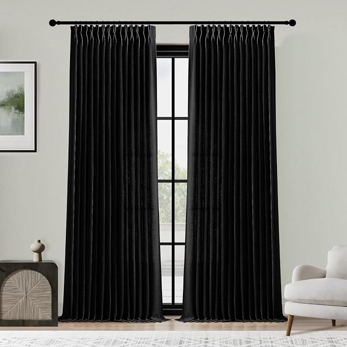 YZ HOME Black Linen Pinch Pleated Curtains 96 Inches Long for Living Room, Light Filtering Pleat Drapes Textured Thick Ceiling Semi-Sheer Window Curtain with Hooks for Bedroom Balcony, 2 Panels