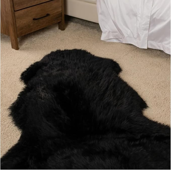 Woolous Black Sheepskin Rug 2x6 ft Genuine Double Pelt Plush Fur Runner Rug | Real double pelt sheep skin runner rug, soft black plush rug and fur carpet for bedroom, living room, nursery and floor decor