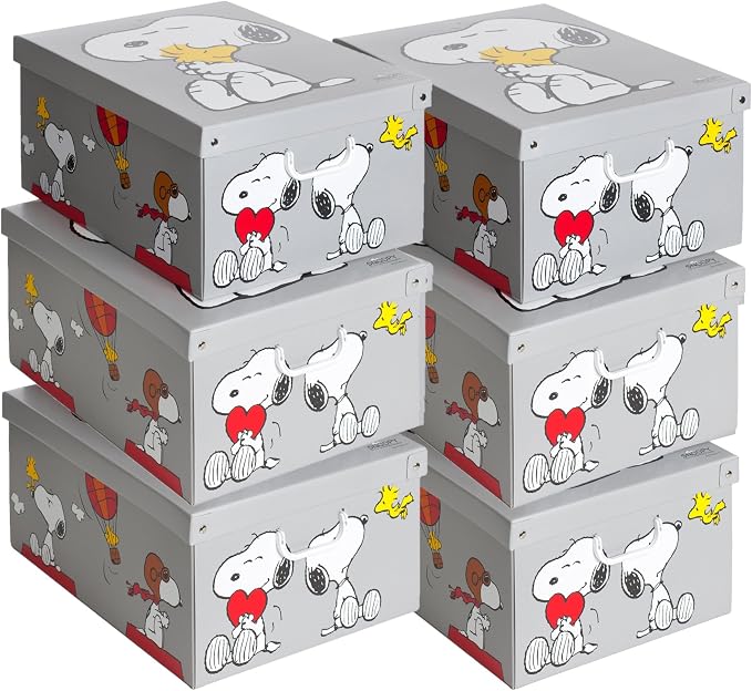 Lavatelli: Storage Box 6 Pack: Large - Snoopy - Grey, Lid & Handles, Decorative Cardboard Organizer, Stack-Fold, Home-Clothes-Toys, 19.7 x 15.4 x 9.4"