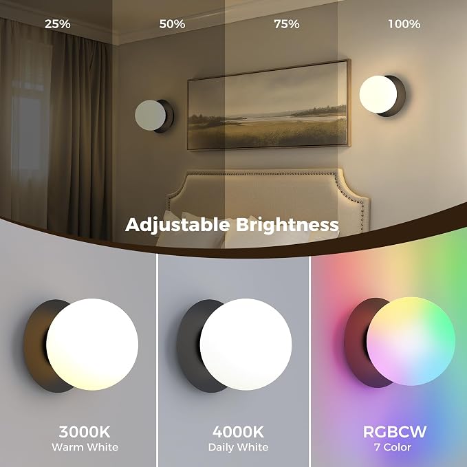 L LOHAS LED Battery Operated Wall Sconce Set of 2, 2-in-1 Rechargeable 10000mAh Wireless Globe Wall Lights with Remote, 16 RGB Colors Dimmable Modern Black Sconces for Bedroom & Living Room Decor