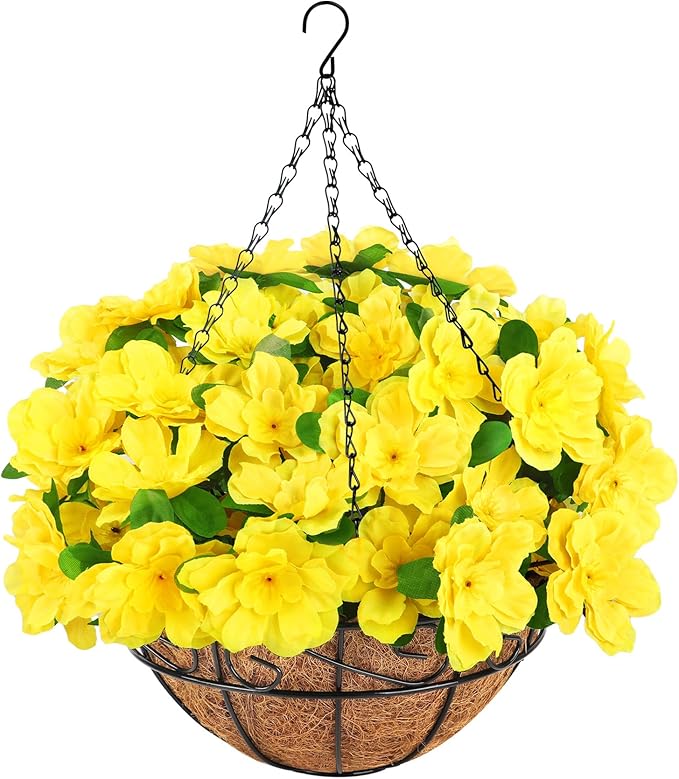 Ouddy Decor Artificial Hanging Flowers with Basket, Silk Azalea Flowers in Coconut Basket, Fake Hanging Plants Artificial Decor for Outdoor Indoor Yard Garden Patio Home Room Porch Decor (Yellow)