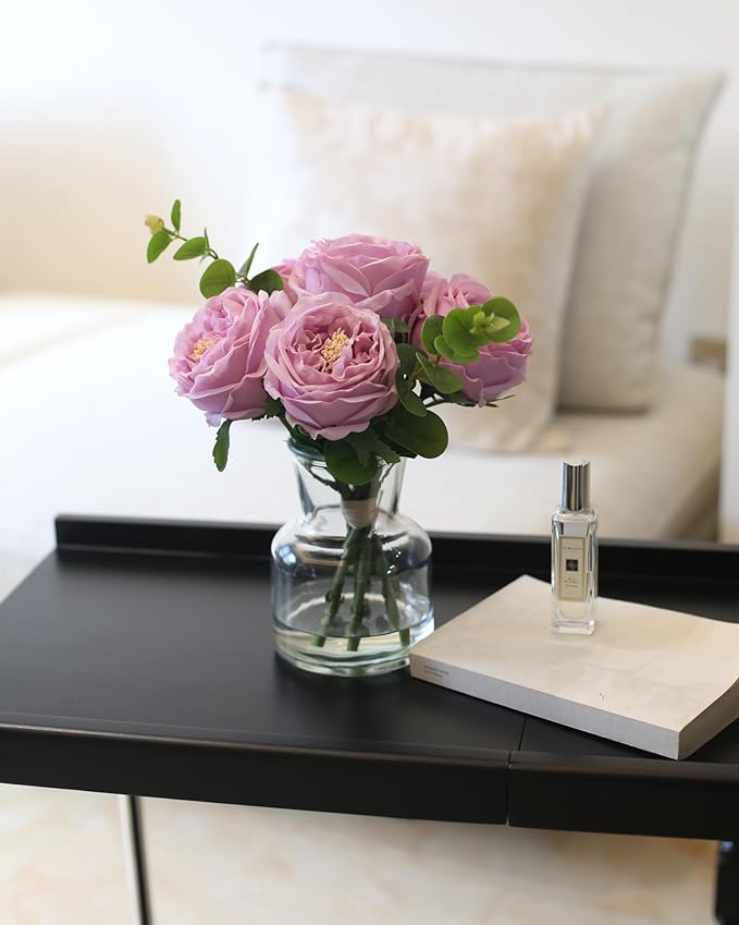 CHASMILE Artificial Flowers with Pinkish-Purple Peonies in Vase, Fix Lifelike Fake Flowers in a Vase with Artificial Water, Faux Flower Arrangements for Dining Table Centerpiece Decor