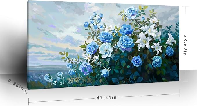 NiceTop 48x24 Inch Large Floral Canvas Wall Art, Waterproof Moisture Resistant Blue Rose White Lily Modern Botanical Artwork with Hanging Kit, Abstract Aesthetic Wrapped Canvas Print for Living Room, Bedroom, Bathroom, Boho Farmhouse Home Decor