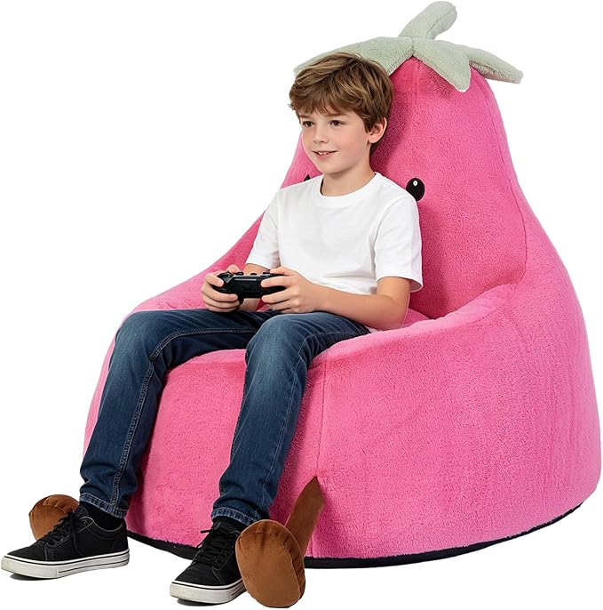 31 Inches Memory Foam Bean Bag Chair - Ultra Soft Faux Rabbit Fur Round Sofa with Handle & Machine Washable Cover, Eggplant-Shaped Kids Reading Chair for Bedroom, Living Room and Playroom, Magenta