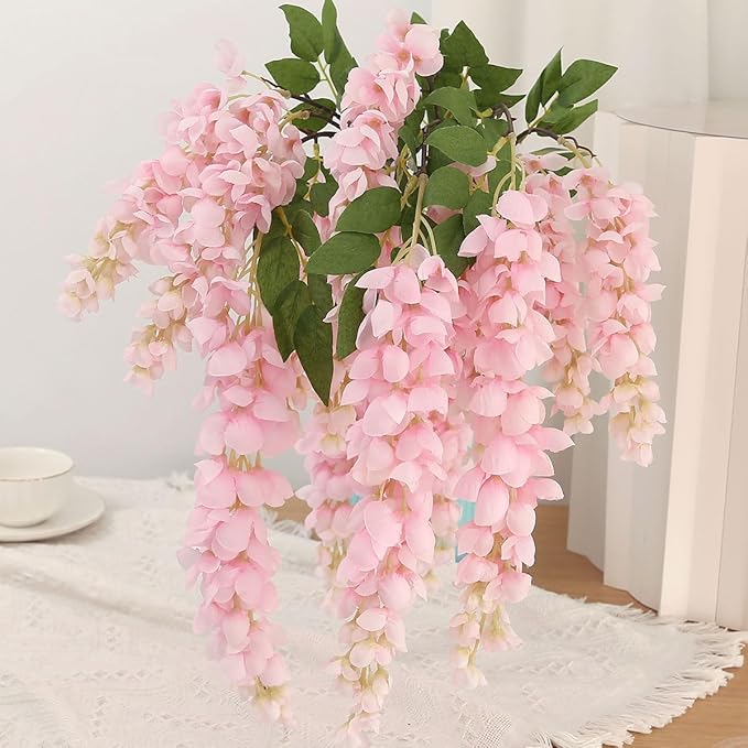 4pcs Large Size 47.2-inch Artificial Fake Wisteria Hanging Flower Garland Silk Flower String Home Party Decoration White Blue Pink Purple (Pink)