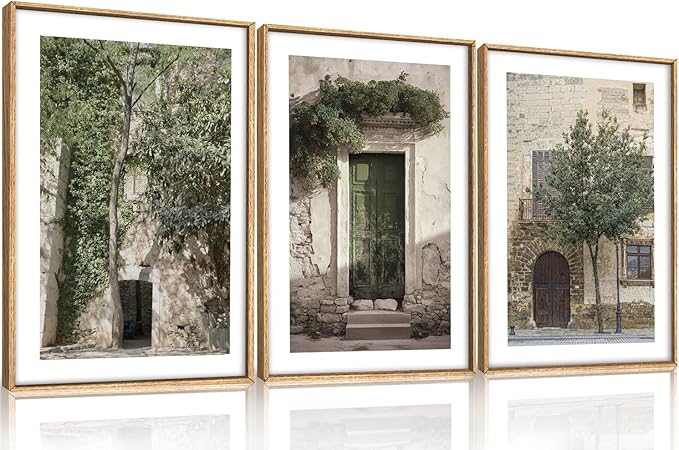 HOURIA Vintage Italy City Landscape Framed Canvas Wall Art Set,Sage Green Olive Tree Old House Wall Decor,Modern Mediterranean Country Cityscape Artwork for Living Room,Bedroom,Farmhouse-16 x24 x3