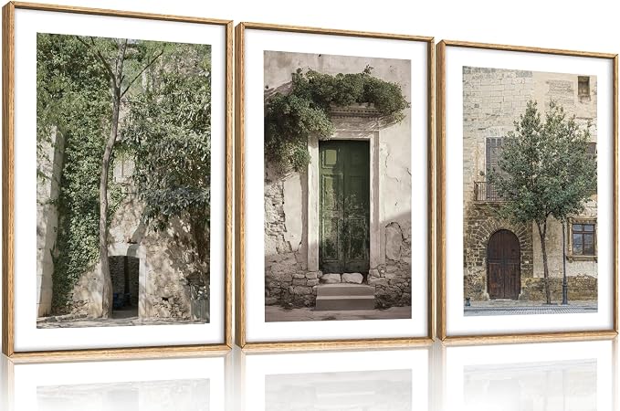 HOURIA Vintage Italy City Landscape Framed Canvas Wall Art Set,Sage Green Olive Tree Old House Wall Decor,Modern Mediterranean Country Cityscape Artwork for Living Room,Bedroom,Farmhouse- 24"x36"x3