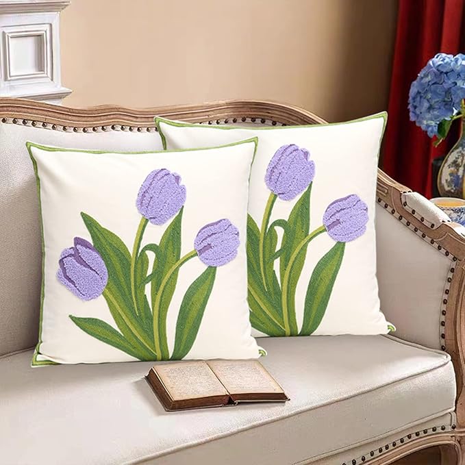 Pack of 2 Embroidered Decorative Throw Pillow Cover 18x18 Inch Farmhouse Floral Pillowcase for Living Room Sofa Bed (Purple Tulip)