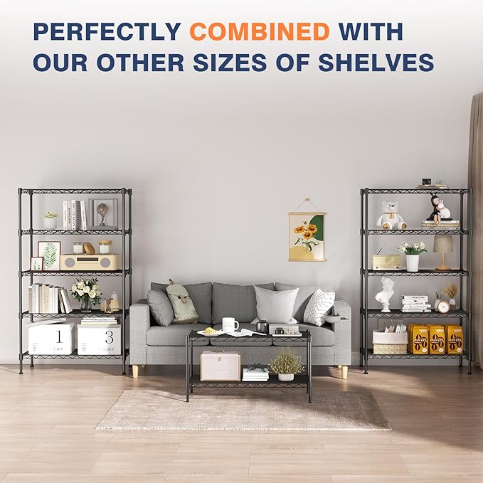 5-Tier Heavy Duty Wire Shelving Unit,35.4" Wx18 Dx71 H,Wire Shelf Racks with Wheels,Height Adjustable Storage Metal Shelves for Kitchen,Garage,Office,Living Room,Pantry,Black