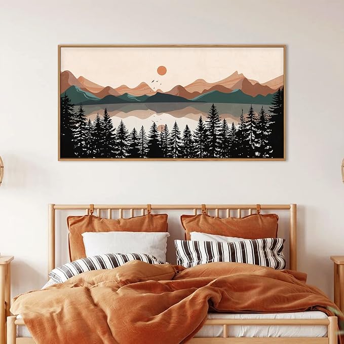 KAIRNE Boho Mountain Sunset Framed Canvas Wall Art Set,Colorful Mid Century Forest Wall Decor,Beige Nature Pine Tree Art Prints,Abstract Modern Landscape Artwork for Living Room,Bedroom,Farmhouse,Office-40"x20"x1