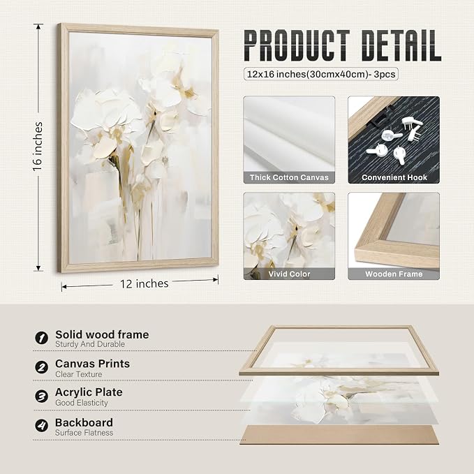 Neutral Wall Art Abstract Floral Canvas Pictures Beige Flower Wall Decor Modern Painting Minimalist Poster Abstract Botanical Prints White Artwork for Bedroom Living Room 12x16x3 Inch Wood Framed