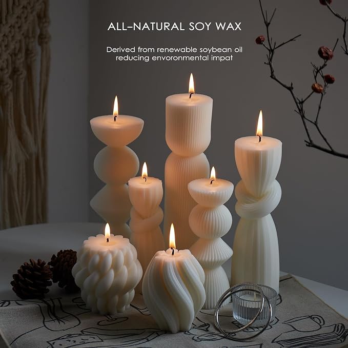 7 Pcs Large Ribbed Pillar Candles - Handmade Soy Wax Candles for Home Decor, Modern Shelf Decor, Housewarming Gift, Aesthetic Room Decor (White)