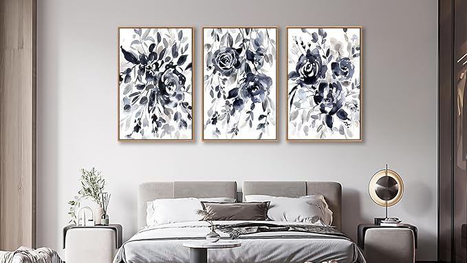 Large Flowers Wall Art for Living Room Natural Wood Float Framed Art Set of 3 Black Roses Pictures Artwork Canvas Prints for Bedroom Kitchen Home Office Wall Decor 20"X28"X3