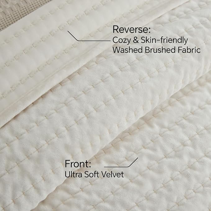 BEDELITE Velvet Quilt Set King Size - Luxury Soft Velvet Comforter Bedding Set for All Season, Lightweight Quilted Channel Stitch Oversized Bedspread Coverlet with 2 Matching Shams, Ivory White
