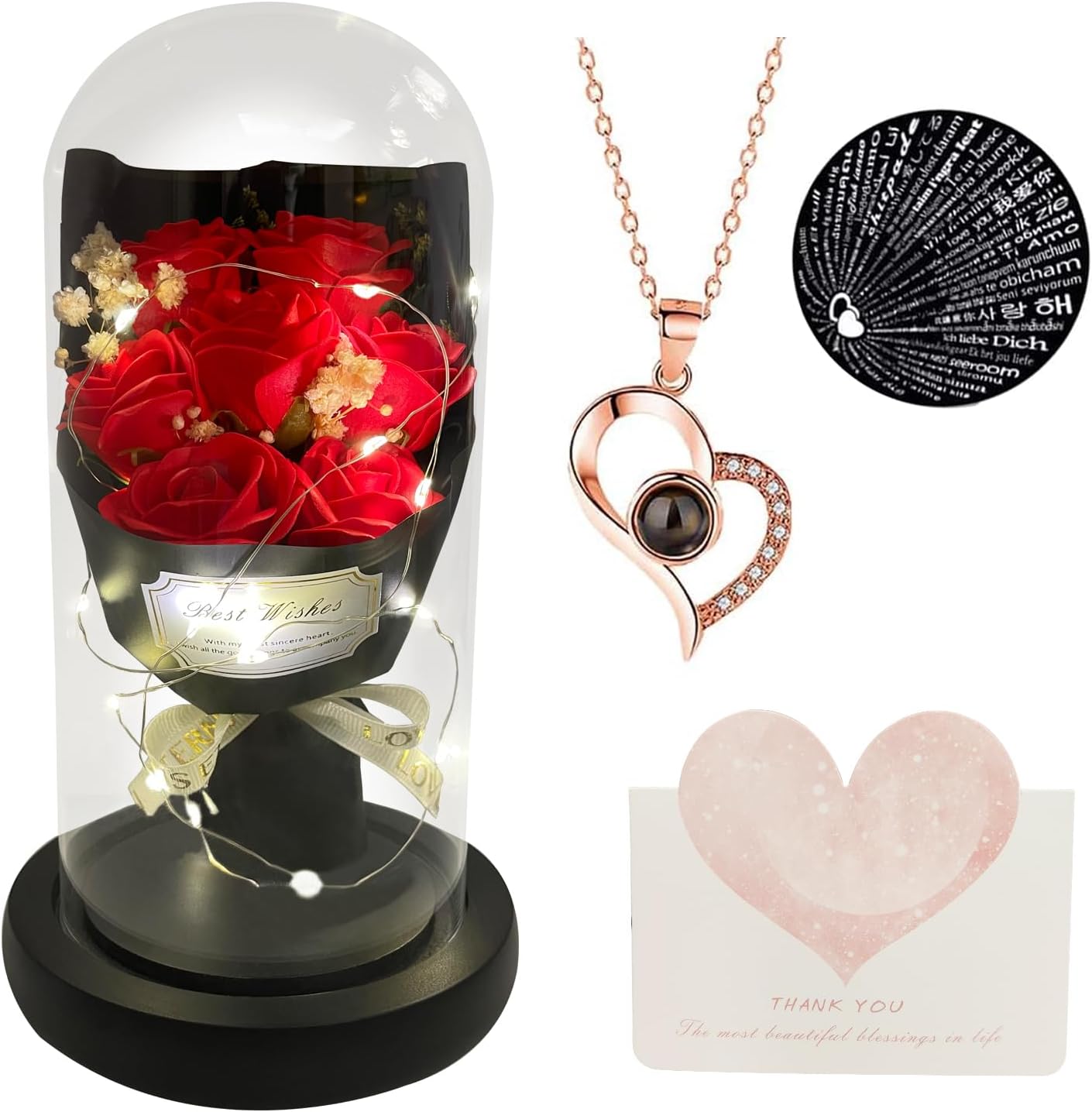 Gift for Her Forever Flower Bouquet for Delivery Prime Preserved Red Roses Glass Dome LED Light 100 Languages I LOVE YOU Necklace Mothers Day Birthday Romantic Valentines Gift for Wife Women Mom