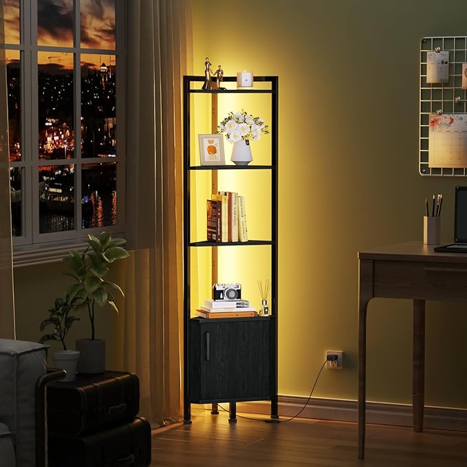 Furnulem Corner Shelf,5-Tier Corner Cabinet with Storage and LED Light, 62.8” Standing Display Bookshelf for Bedroom, Living Room, Kitchen, Wood Display Shelf (Black Oak) | with Storage, LED Light, for Bedroom, Living Room, Kitchen