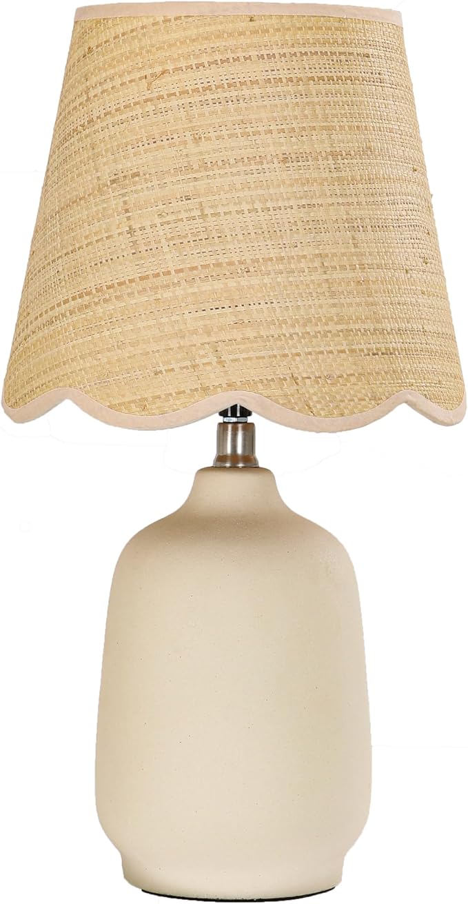 Pia Ricco 19" Modern Ceramic Table Lamp for Living Room Cream Base Desk Lamps for Bedroom Farmhouse Bedside Nightstand Lamp End Table Lamps,Beige,Rattan Shade