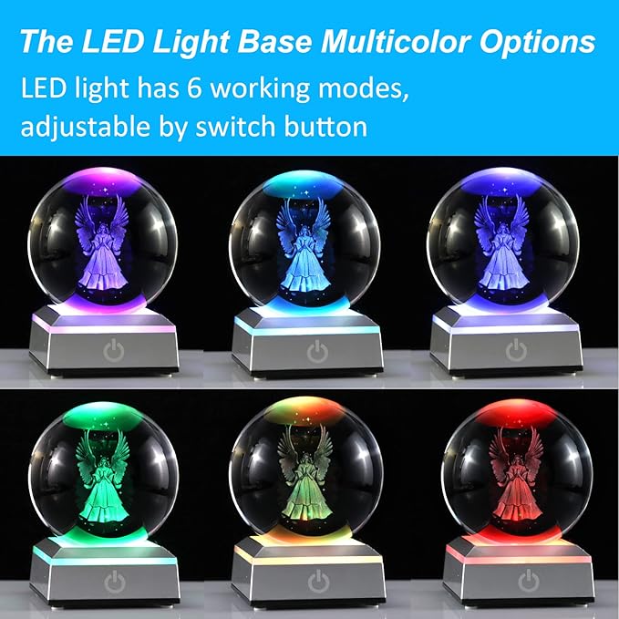 3D Guardian Angel Figurines K9 Crystal Ball with Silver LED Base Memorial Angel Gifts for Friends Women Glass Decor for Home (3.15 in.)