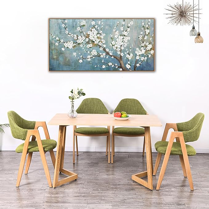 yearainn Framed Floral Tree Wall Art – White Flowers Green Leaves Branches Picture, Vintage Blue-Turquoise Background, Watercolor Artwork for Home Decor, Ready to Hang, Natural Wood Frame, 24" x 48"