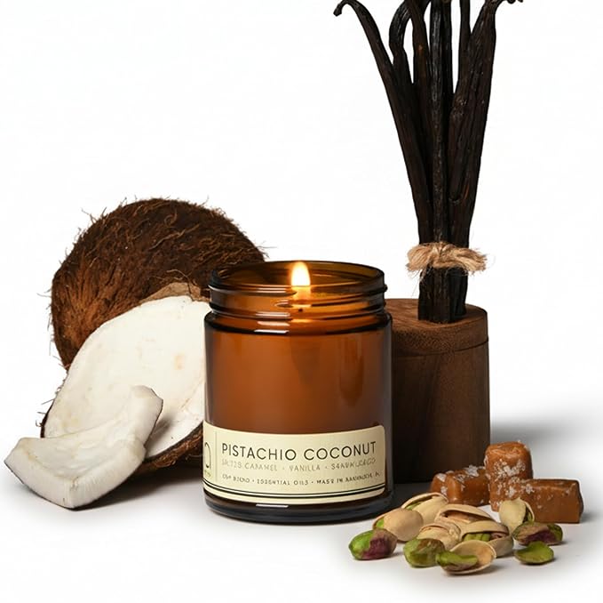 Bia Candle Co Pistachio Coconut Soy Candle, Salted Caramel Tonka Vanilla Scent, Perfume Inspired, Hand Poured USA, High Fragrance Load, Lead-Free Wick, Reusable Glass Jar, Dessert Candle, 7 oz