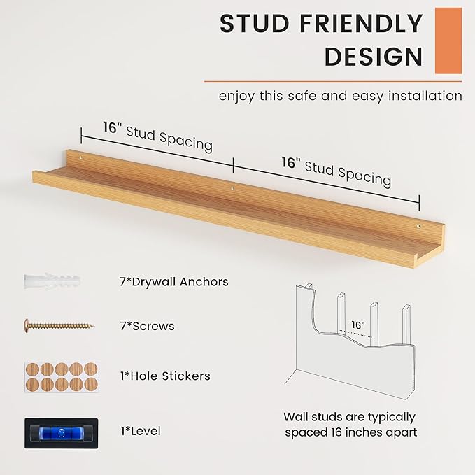 Picture Ledge Shelf, Floating Shelves Set of 2, 36 Inches Nursery Book Shelves for Toys Storage, Kids Bookshelf Wall Mounted for Living Room Bedroom Decor Books Photo Frames, Natural Oak